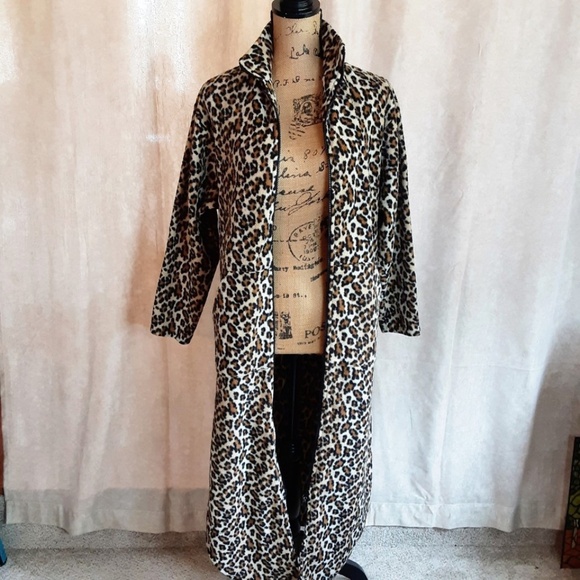 Leopard Print Full Zip Long Cozy Fleece Robe with Pockets Black Brown Tan Size S - Picture 14 of 14